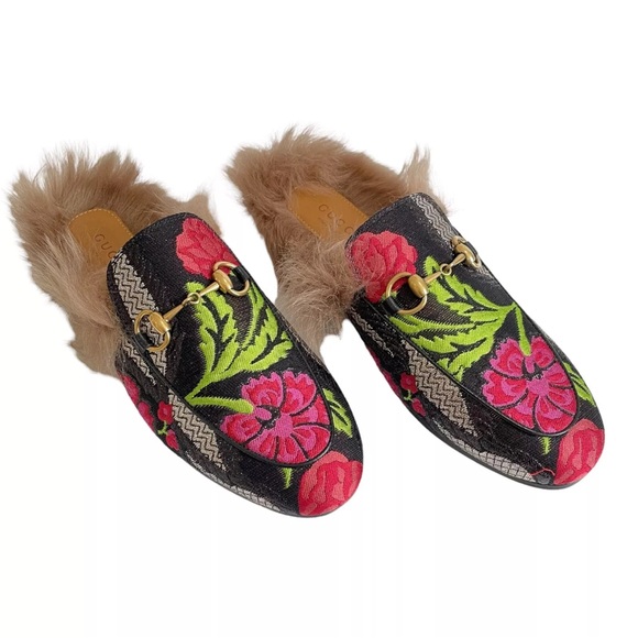 Gucci Princetown Brocade Fur Trim Floral Mule Size 36 Black Anthracite Loafers - Picture 1 of 9